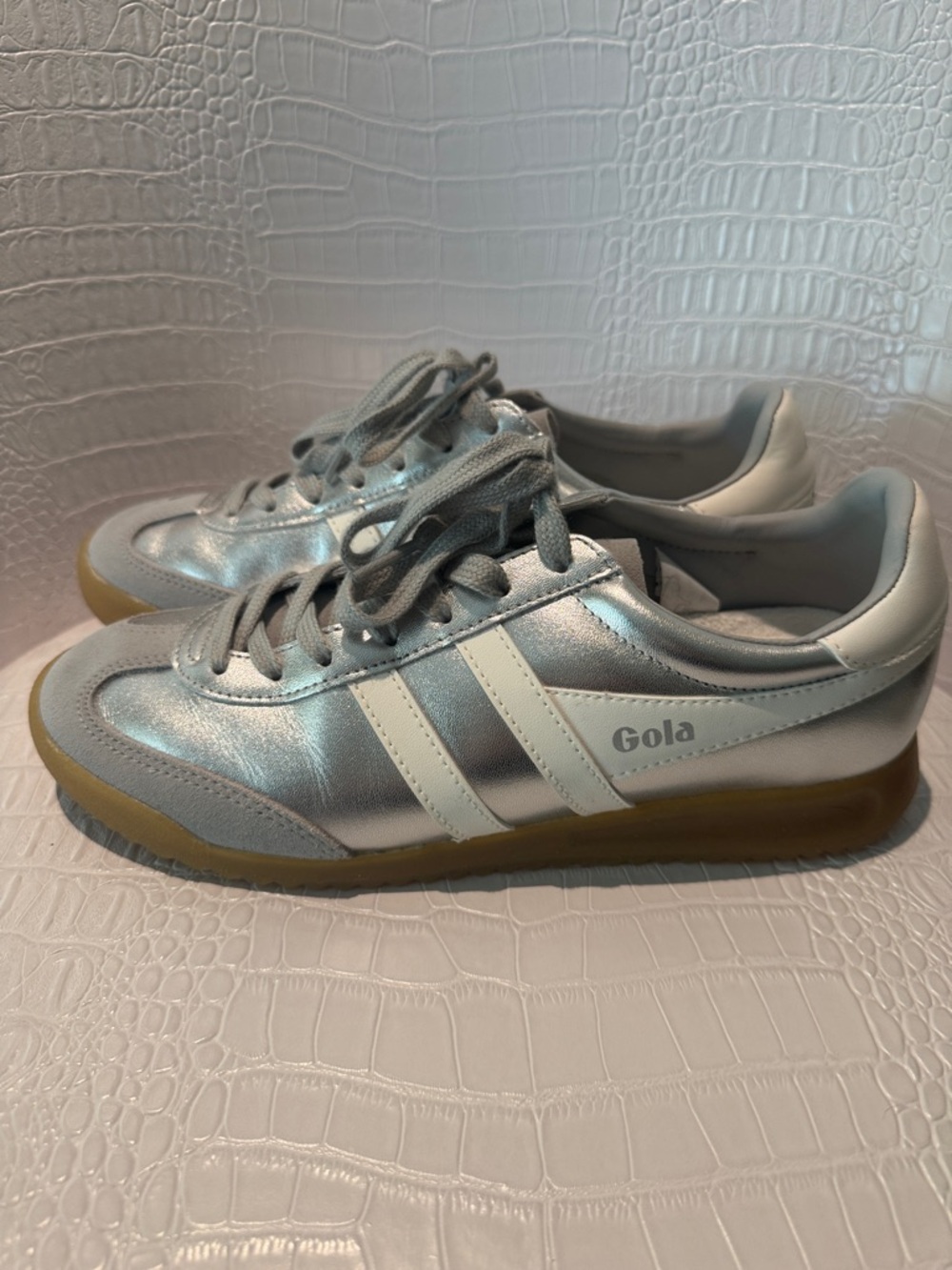 Gola Ladies Silver Sneakers with White Stripes and Gum Sole - Picture 2 of 9